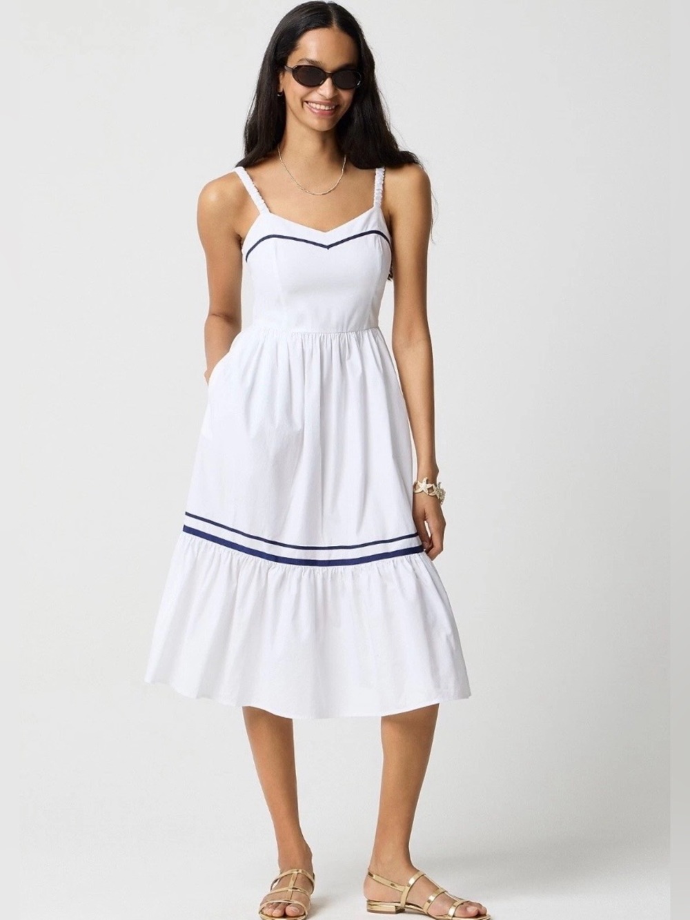 J. Crew White Midi Dress with Navy Trim Corset Women’s Size 6 Sundress, beachy,